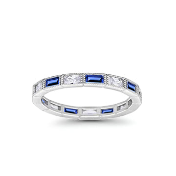 Art Deco Baguette Full Eternity Wedding Band Simulated Blue Sapphire CZ 925 Sterling Silver